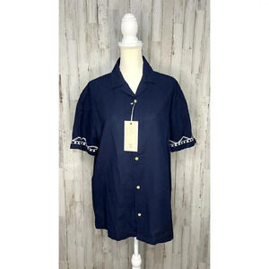 NWT Folk Men's Medium Navy Blue Button-Up Shirt Short‎ Sleeve Casual